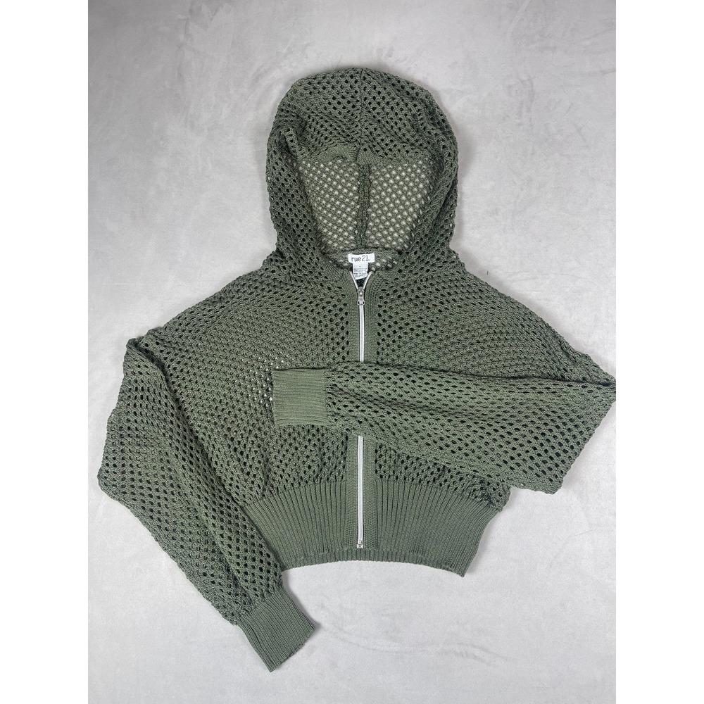 Rue 21 Olive Green Open Knit Mesh‎ Cropped Zip Up Hoodie Youth Large L